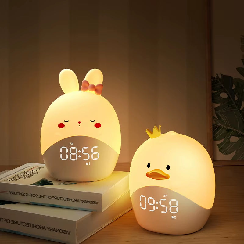 Custom Cute Koala Rabbit Digital Alarm Clock Bedside Night Light Cartoon USB Rechargeable Duck Led Silicone Lamp for Children
