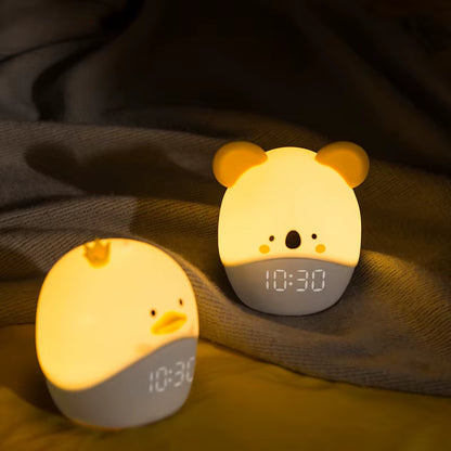 Custom Cute Koala Rabbit Digital Alarm Clock Bedside Night Light Cartoon USB Rechargeable Duck Led Silicone Lamp for Children